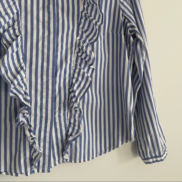 MADEWELL STRIPED RUFFLE FRONT BLOUSE BLUE WHITE - Picture 8 of 13